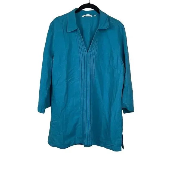 Soft Surroundings Women's size M Teal Linen Blend Tunic Shirt 3/4 Sleeve - Picture 1 of 7
